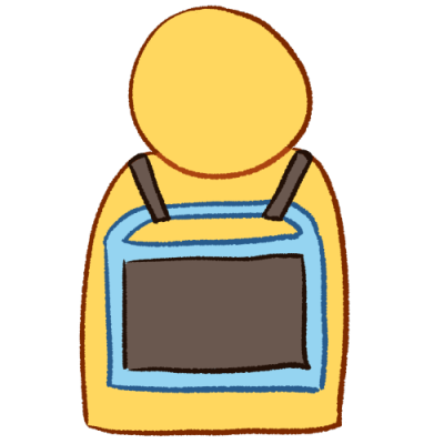 A drawing of a simplified person wearing a harness that has a talker on it. The talker is turned off with a blank screen.